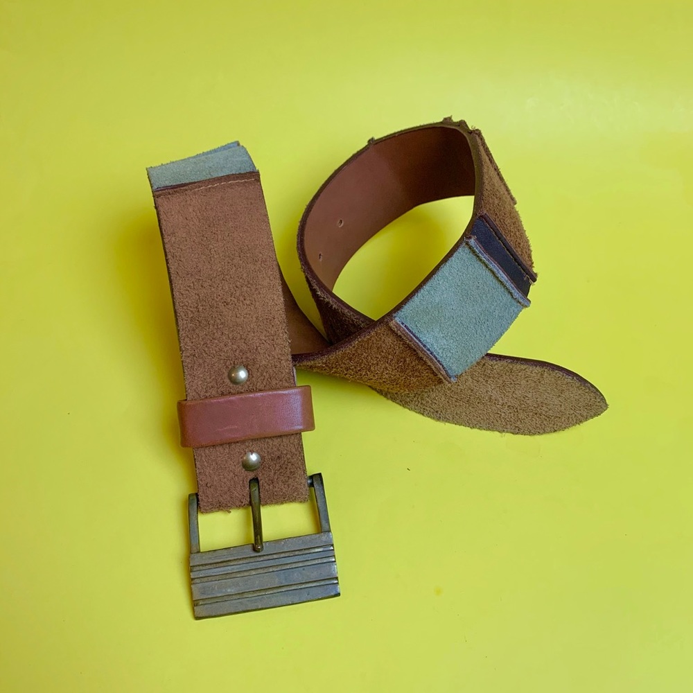 Vintage 70s patchwork suede belt + brass buckle